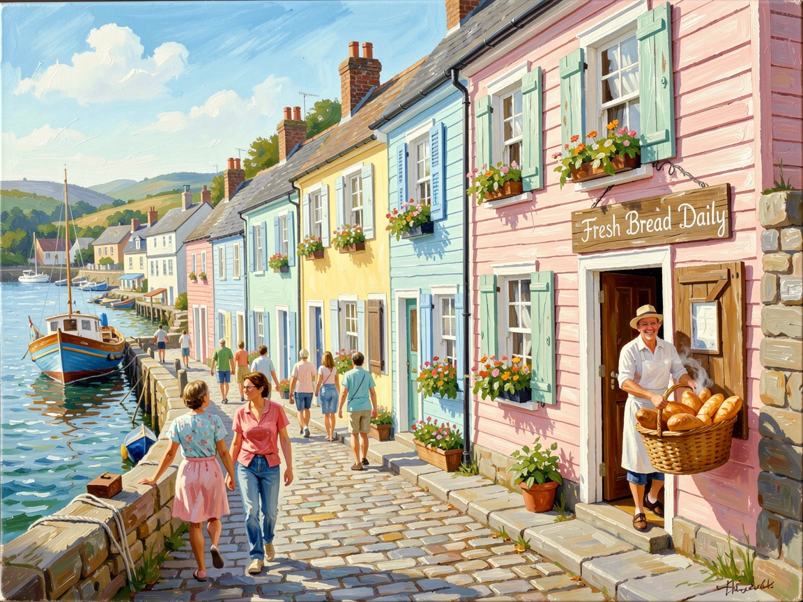 On a bright summer afternoon, streets bustling with life, a row of colorful fishing cottages along a harbor, with narrow cobbled streets winding uphill, a baker carrying fresh bread from an open doorway.