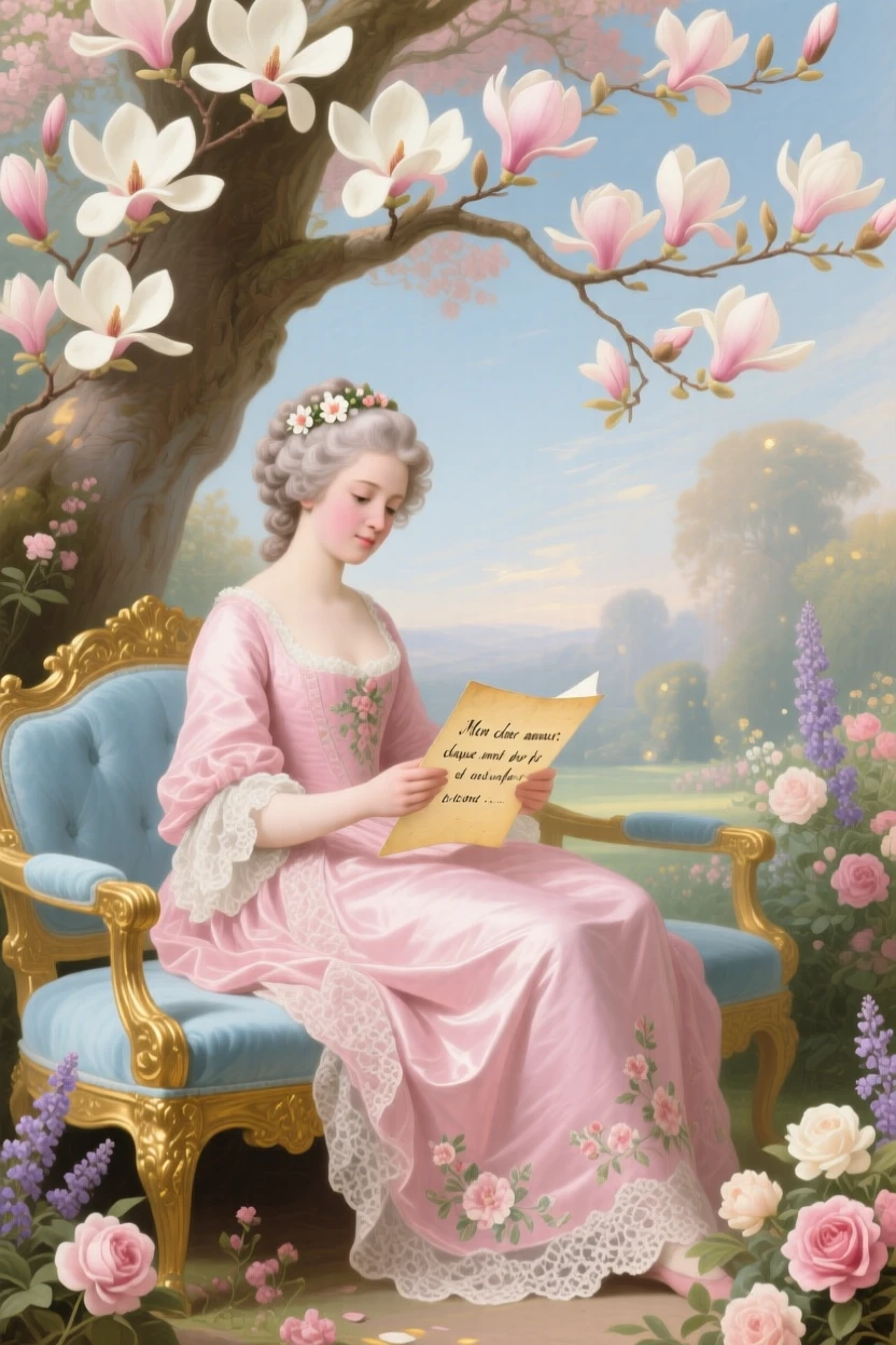 A lady reading a letter beneath a blossoming magnolia tree  