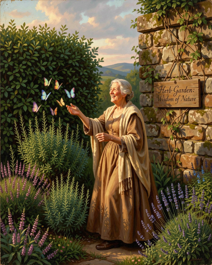 An elderly woman plays among the hedges of a herb garden beside an old stone wall as butterflies drift past.