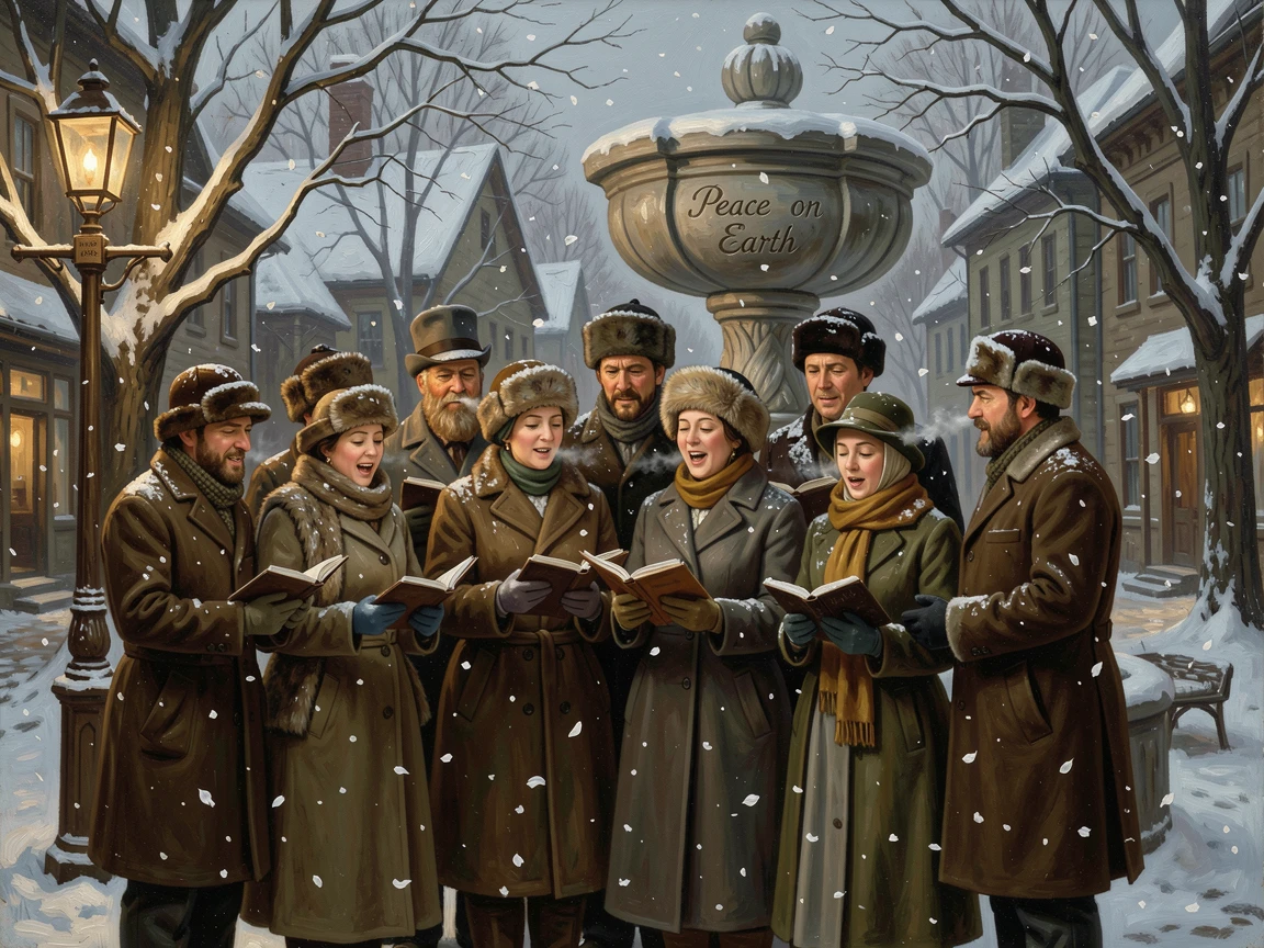 A winter holiday choir singing carols beneath softly falling snow, as soft snow or flower petals drift gently through the air, capturing the warmth, joy, and magic of the season