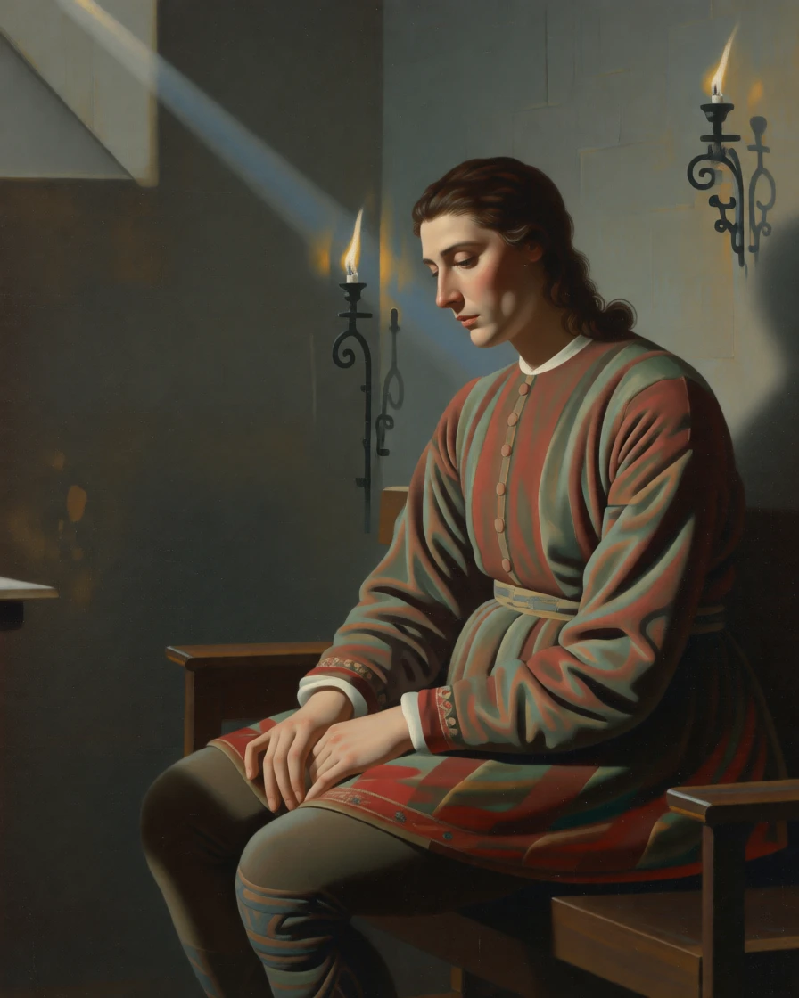 A court jester resting quietly after a long evening of performance holding perfectly still in contemplative silence, set in a candlelit chapel side room, with a single shaft of light illuminating an expressive face; warm and cool tones contrast to separate figure from background, suggesting a private world just glimpsed by the viewer.