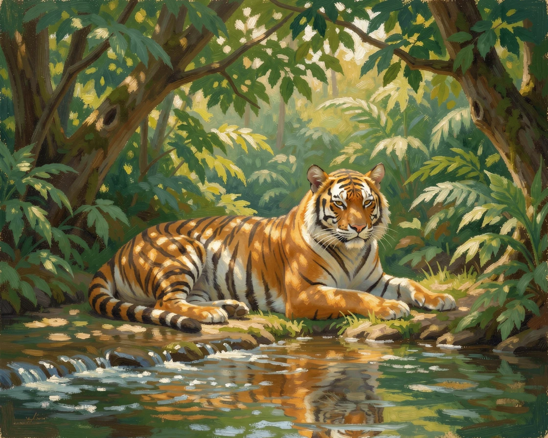 A tiger resting beside a jungle stream, dappled light filtering through dense green canopy, radiating serenity and gentle stillness.
