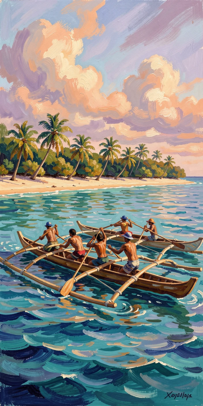 Traditional outrigger canoes paddling across the turquoise lagoon of a Pacific atoll.