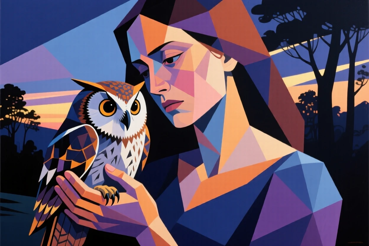 A woman cradling a rescued owl gently in her hands at twilight.