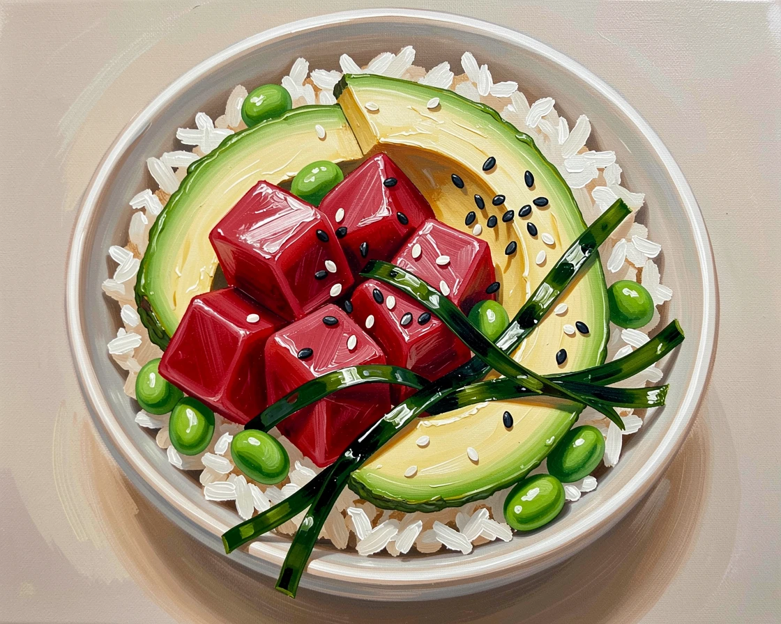 A vibrant poke bowl shows fresh tuna, avocado, and edamame arranged colorfully over rice, garnished with sesame seeds and seaweed, the composition inviting the viewer to imagine the aroma and flavor of the moment.