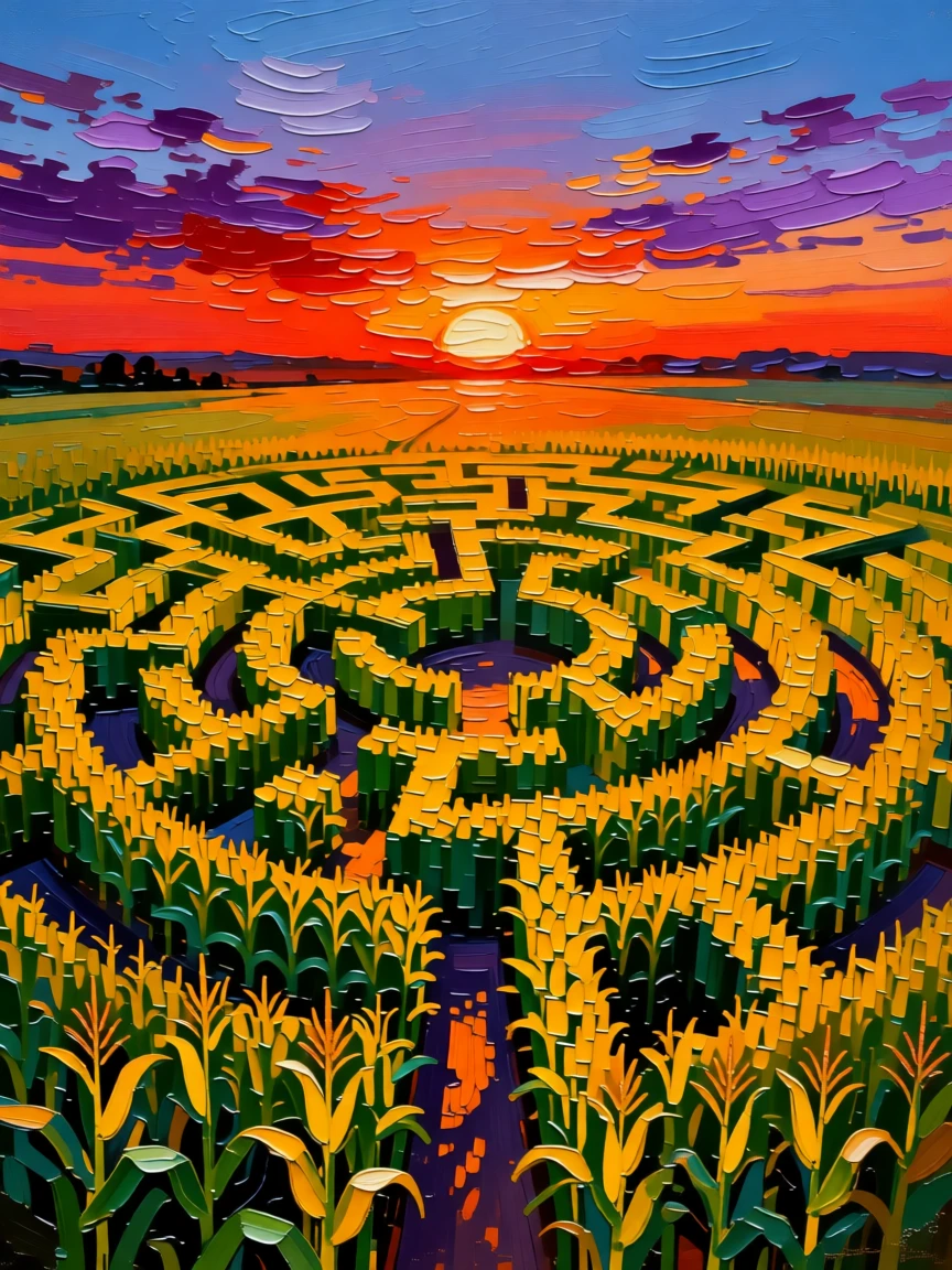 A vast cornfield maze carved into intricate patterns viewed from above at sunset