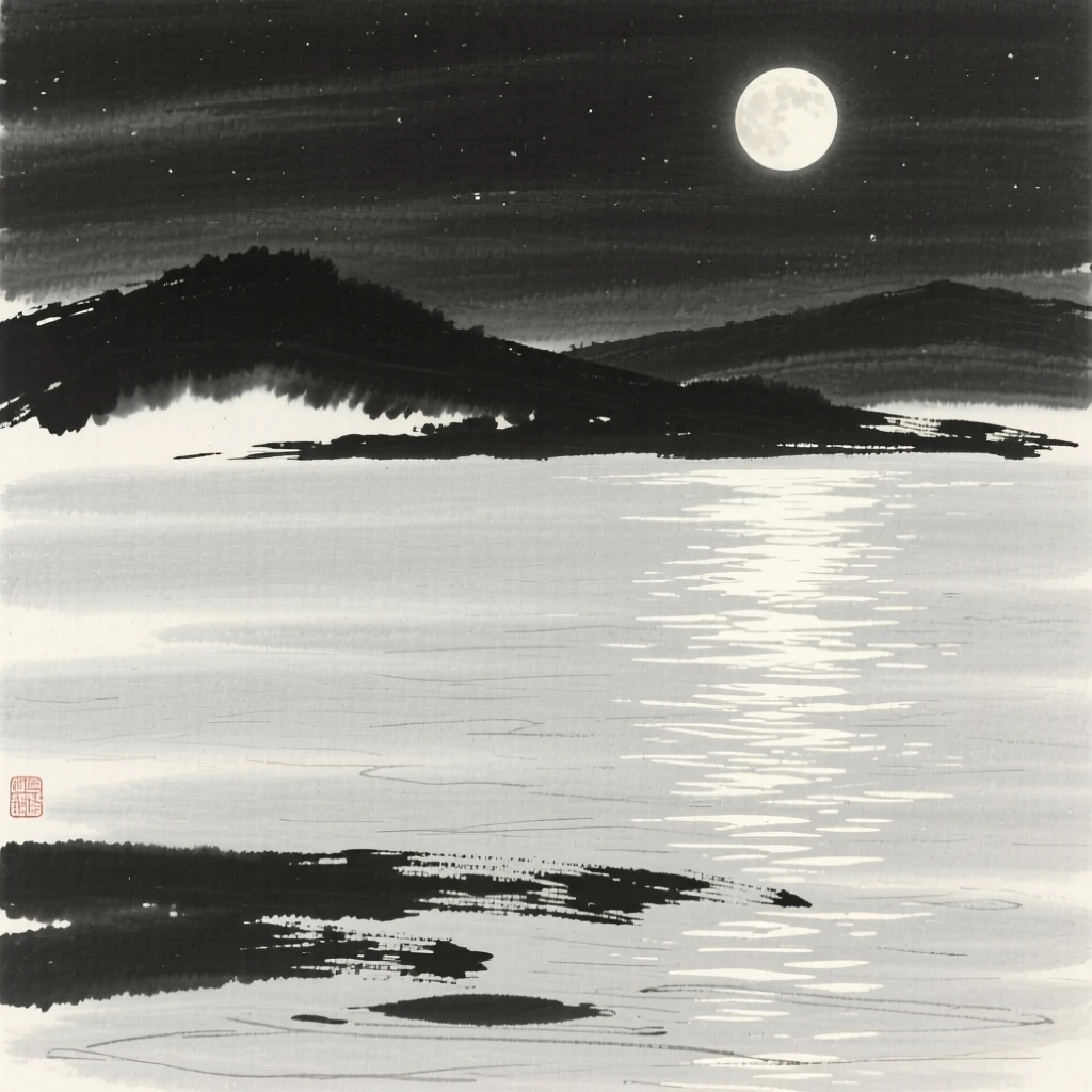 Moonlight glimmers softly across the surface of a still lake, with the silhouette of distant hills framing the horizon.