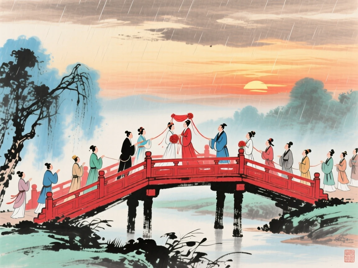 A wedding procession crossing a red lacquered bridge at sunset, beneath a sky washed clean by rain, as morning mist begins to lift, conveying a deep sense of harmony with nature.