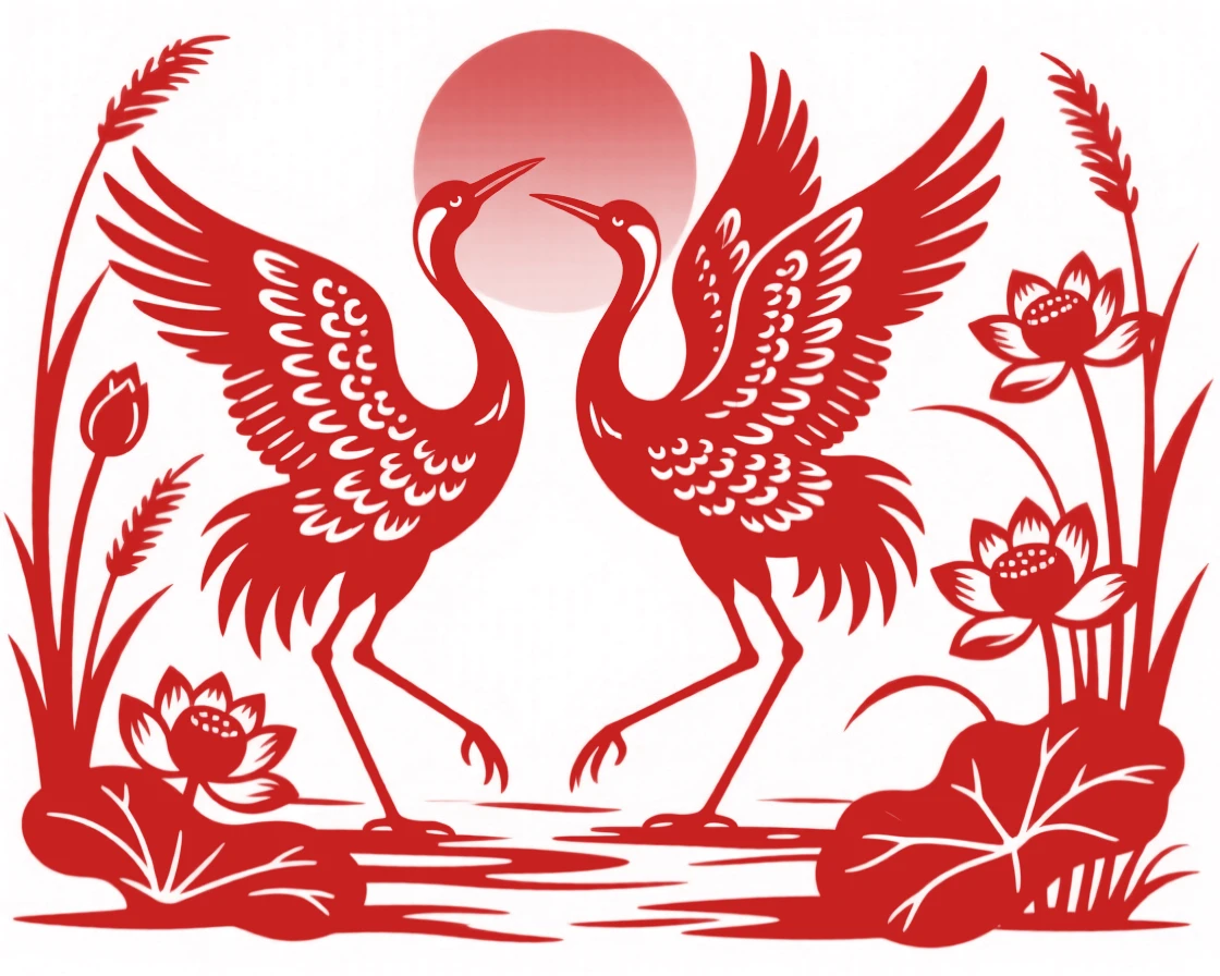 A pair of cranes dancing together in a marsh at sunrise, wings outstretched, reeds and lotus blossoms surrounding them