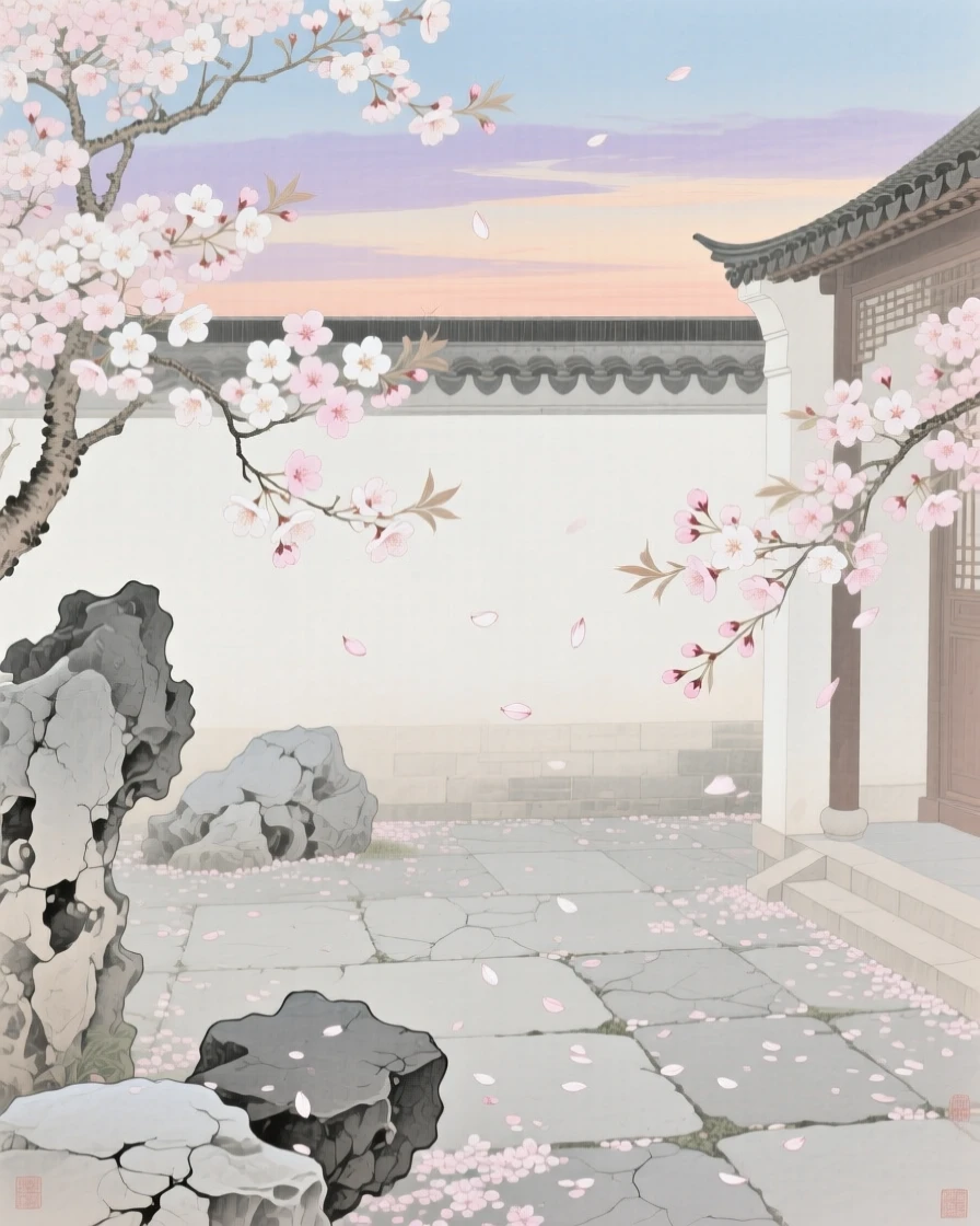 Cherry blossom petals drifting across a quiet stone courtyard in spring, beneath a sky streaked with the colors of early morning
