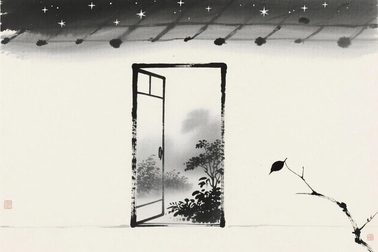 An open door revealing a misty garden beyond beneath a canopy of quiet stars, balanced with a single small detail against a quiet backdrop, suggesting quiet longing and gentle stillness.