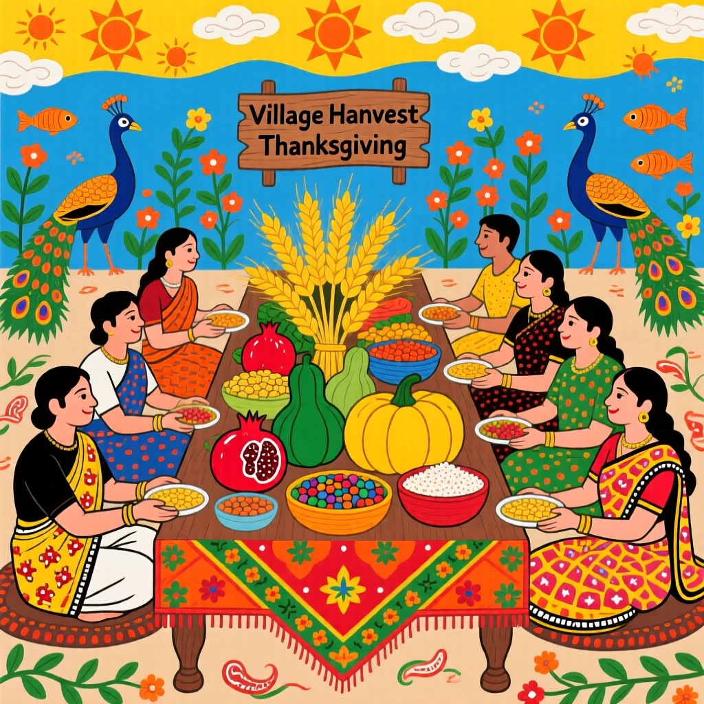 A harvest thanksgiving table shared by an entire village community.