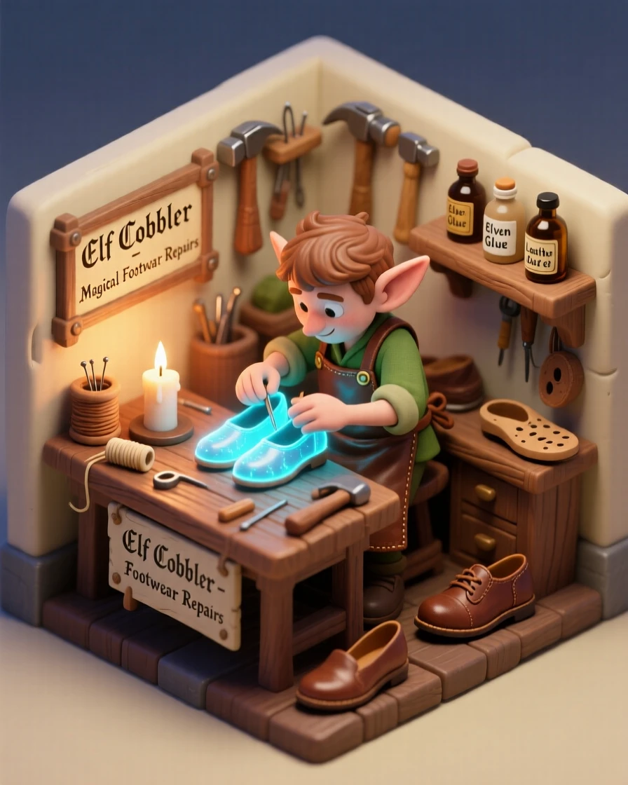 A tiny elf cobbler crafting magical shoes overnight in a workshop lit by a single candle.