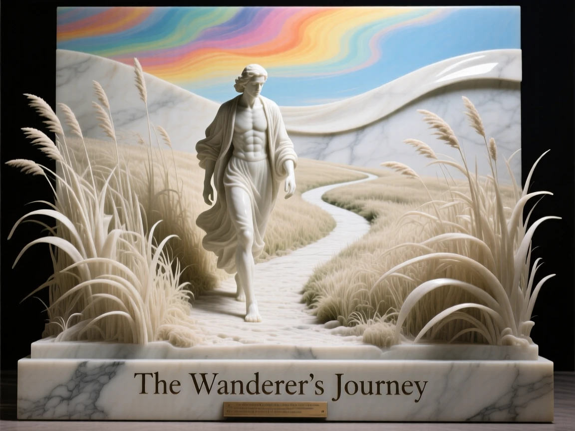 A beautifully composed image of a lone wanderer walking a path through tall grass, under a brilliant, colorful sky, full of atmosphere and visual storytelling