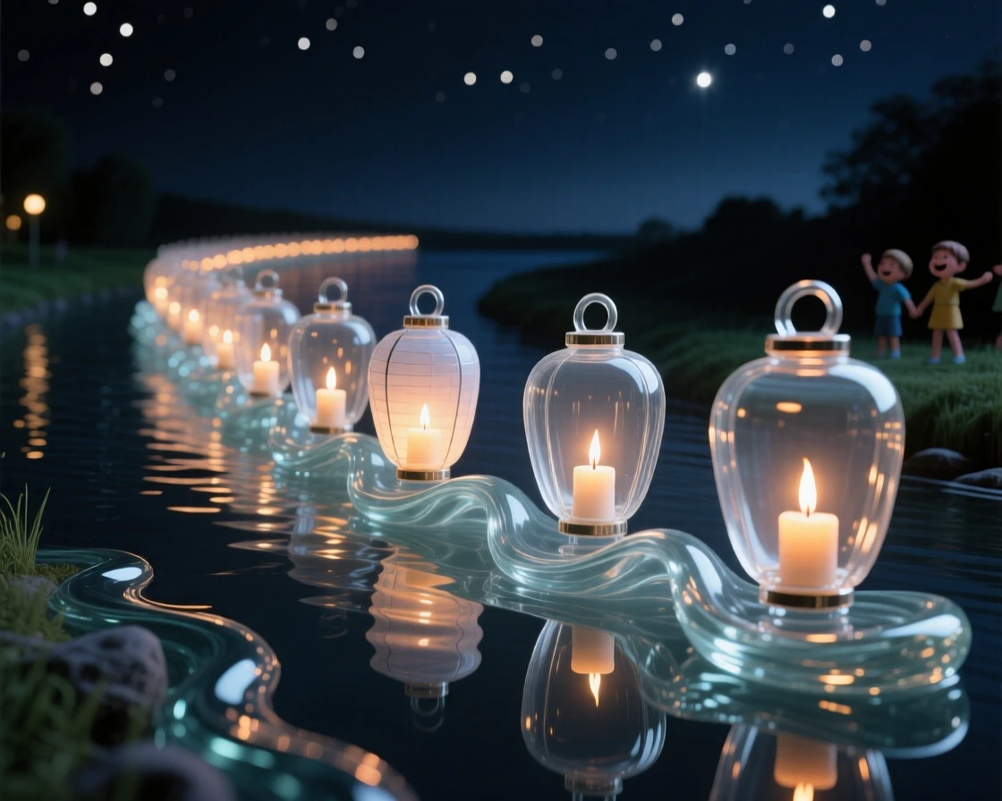 A parade of lanterns floating down a river at night while children's laughter rings out across the yard