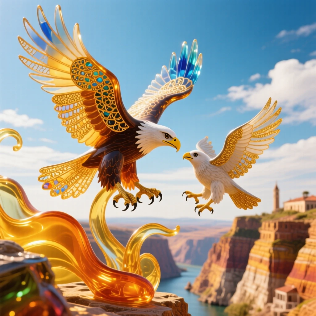 A mother eagle teaching her eaglet to soar above a golden canyon, tender and inspiring.