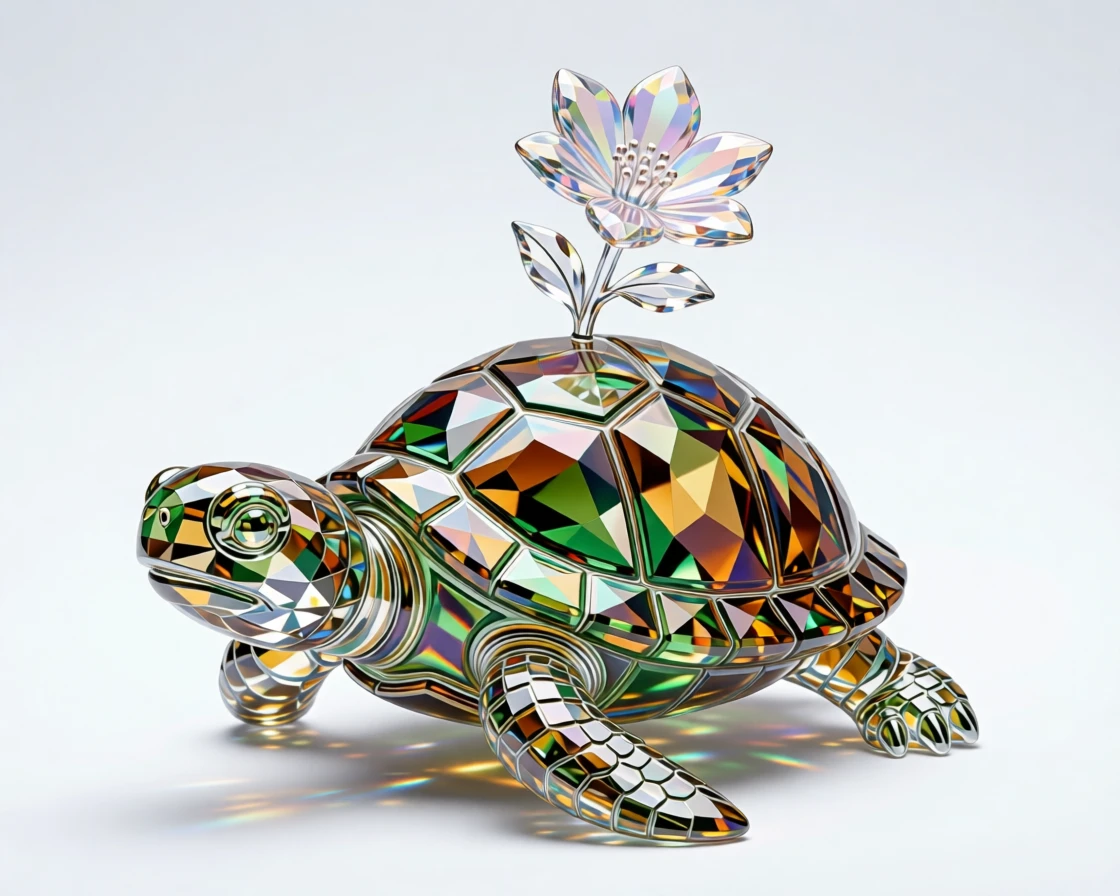 A miniature turtle balancing a tiny flower on its shell.
