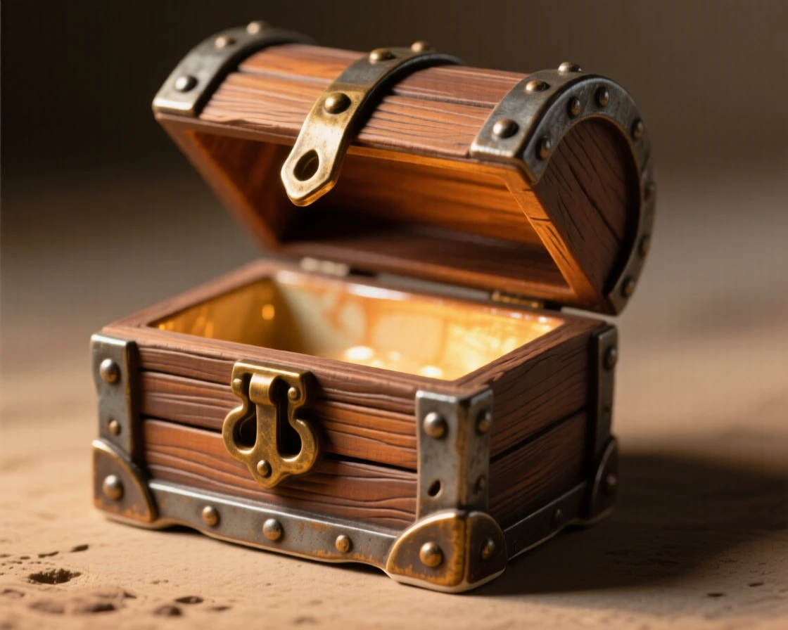 A treasure chest slightly ajar, glowing within caught in a moment of quiet everyday magic, surrounded by soft shadows and warm tones, stirring fond memories of simpler times.