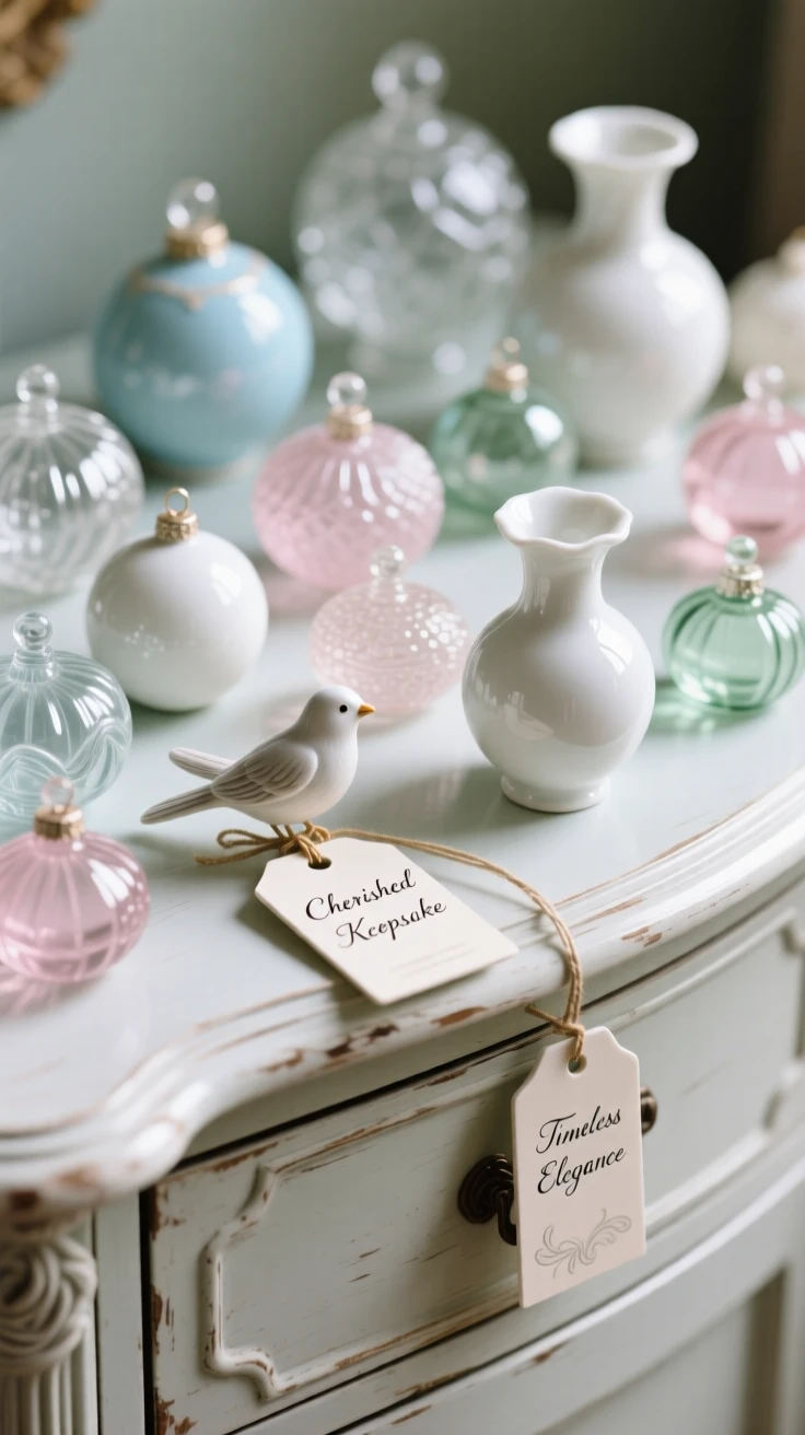 A collection of glass ornaments arranged across an antique dresser, evoking a sense of collected treasure.