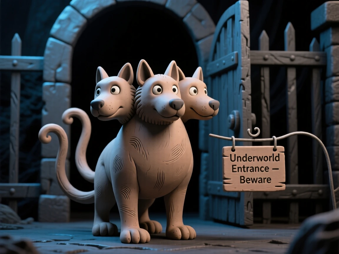 Cerberus guarding the gates of the underworld in shadow