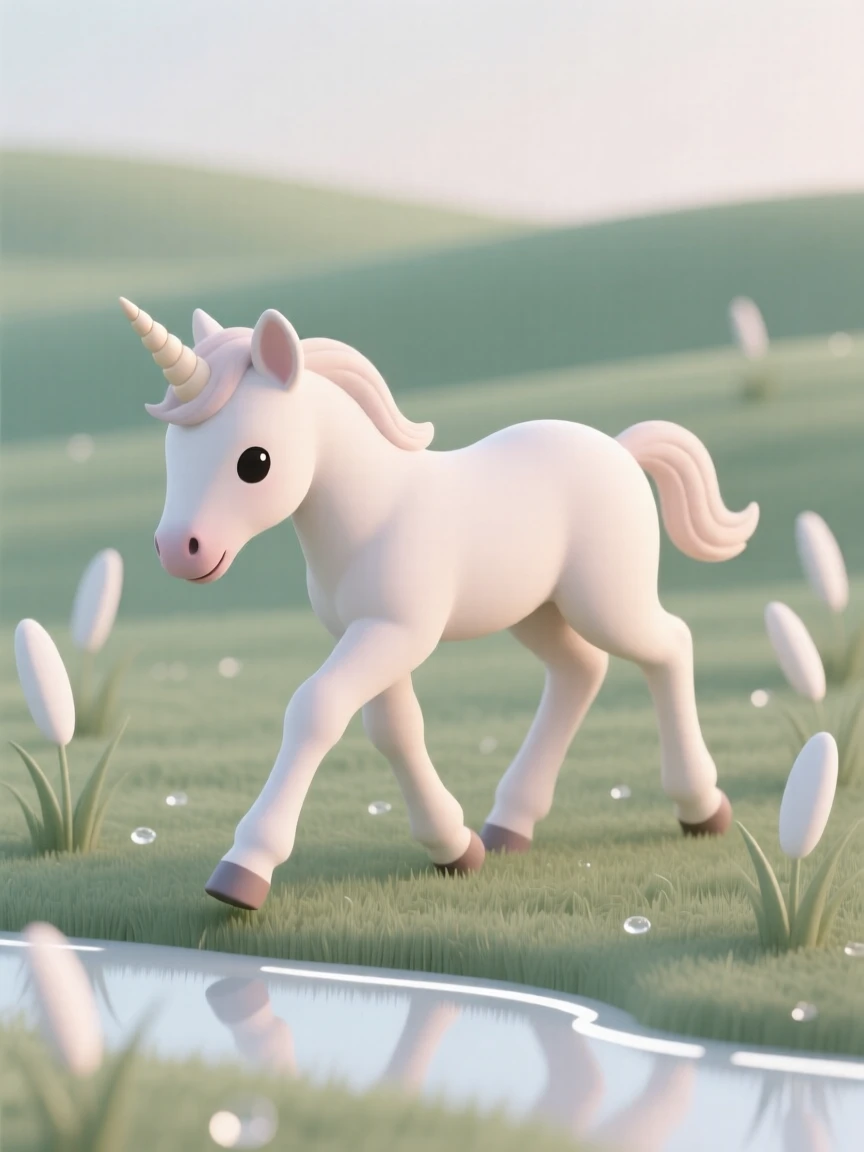 A gentle unicorn foal takes its first wobbly steps across a meadow glowing with morning dew.