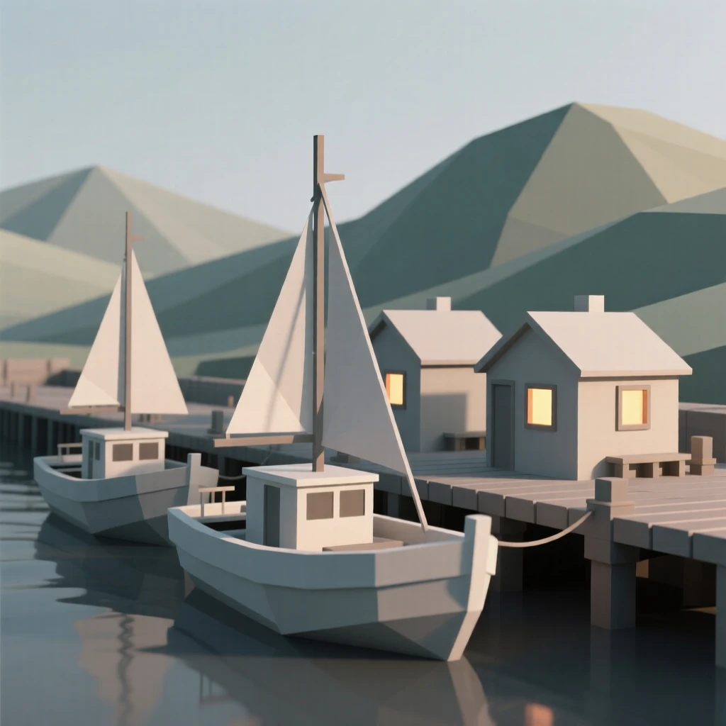 A colorful row of fishing boats docked at a harbor, framed by distant rolling hills. warm window lights add a cozy glow to the scene. A quiet grandeur fills the setting.