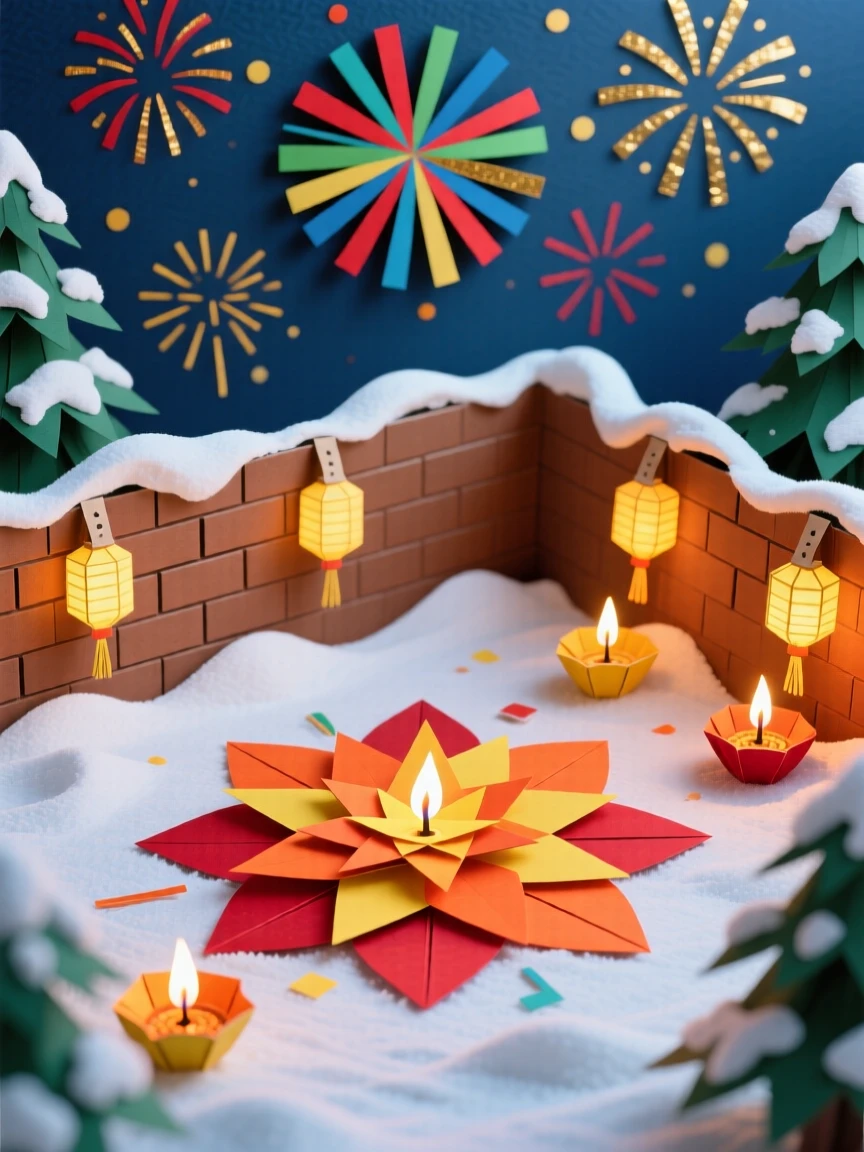 A glowing Diwali courtyard framed by fresh-fallen snow, with fireworks bursting colorfully overhead, evoking festive warmth and joy.