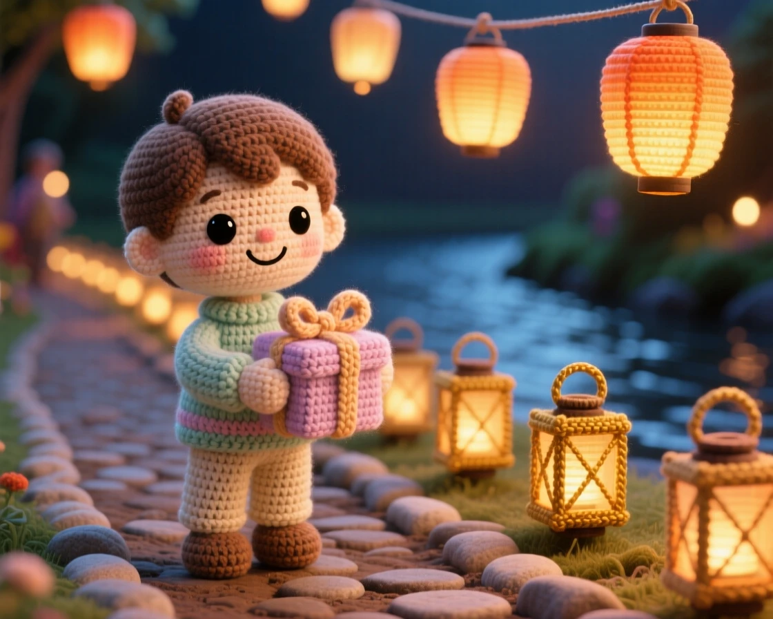 a small boy carrying a small gift box, wrapped for a gift-giving festival, is shown presenting it with a happy smile in a riverside path lit with floating lanterns beside a row of glowing lanterns lining the path, capturing heartfelt togetherness during a special gathering.