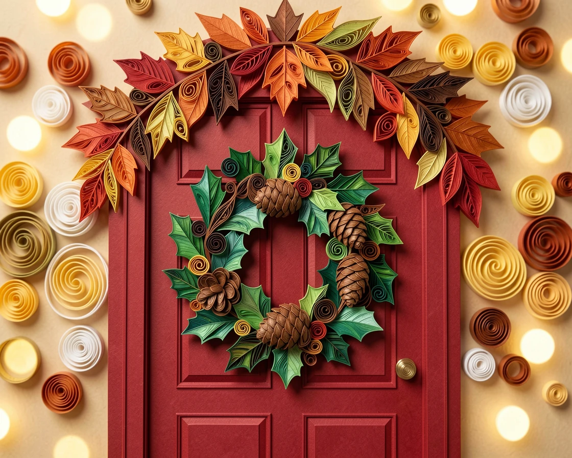 A festive holiday scene of a wreath of holly and pinecones on a red front door beneath a canopy of falling autumn leaves, in warm autumn tones of orange, rust, and brown, captured with festive bokeh lights in the background.