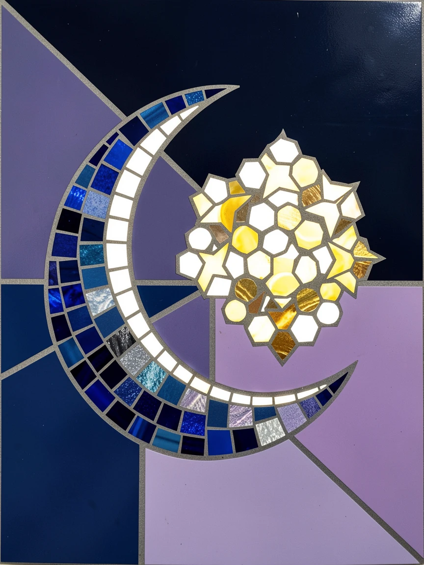 A crescent moon glowing beside a bright cluster of stars, rendered in vivid deep color with luminous detail.