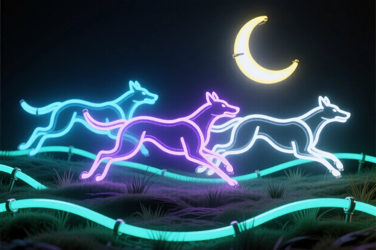 A pack of spectral hounds racing across a moonlit moor.