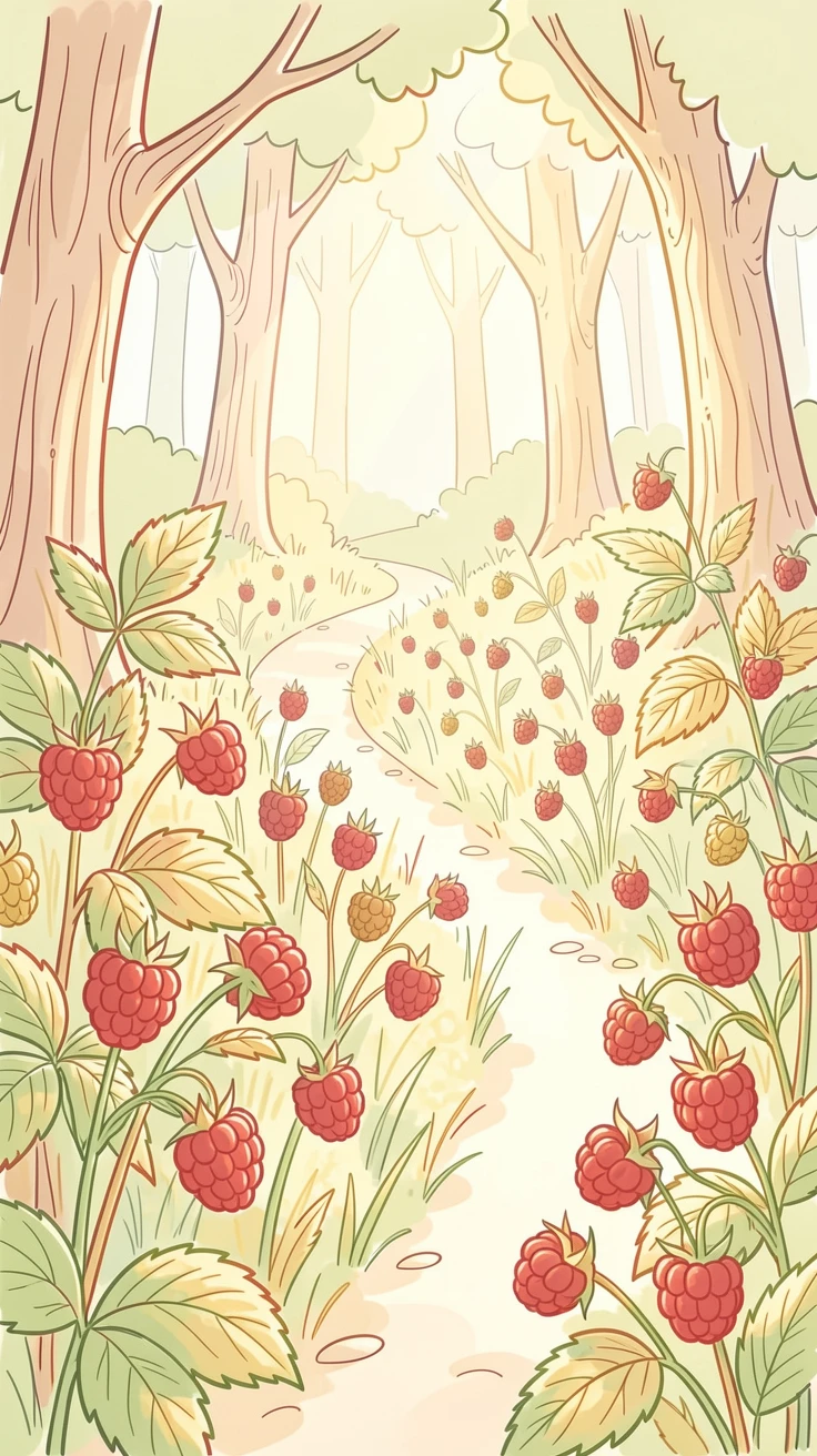 A field of wild raspberries ripening along a sun-dappled forest trail.