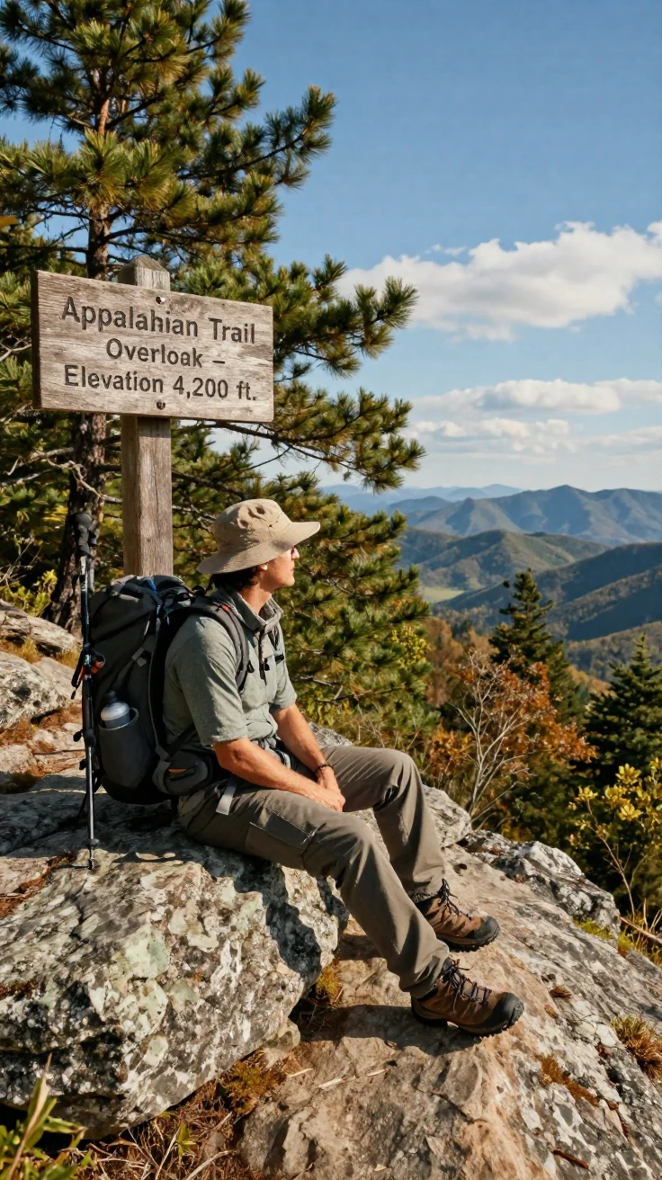 An Appalachian Trail hiker resting at a mountain overlook