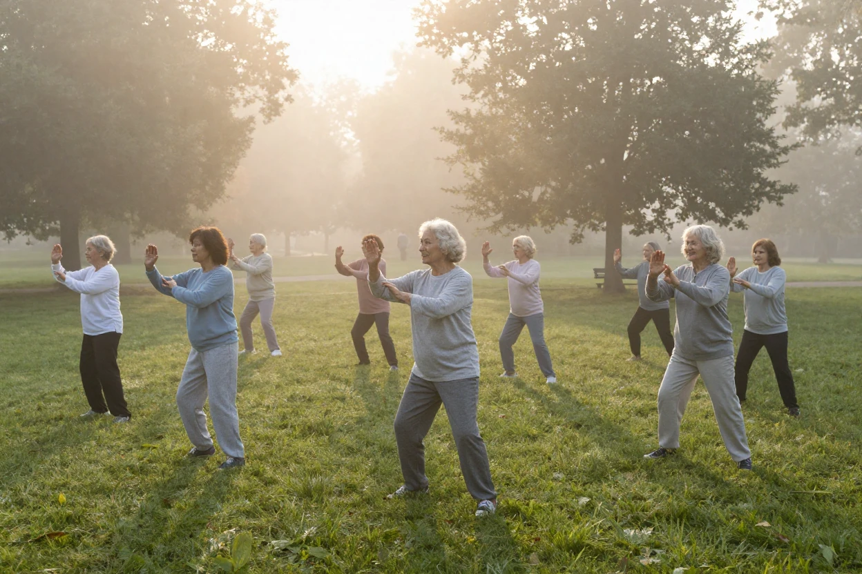 A group of elderly friends practices tai chi together in a misty park at sunrise.
