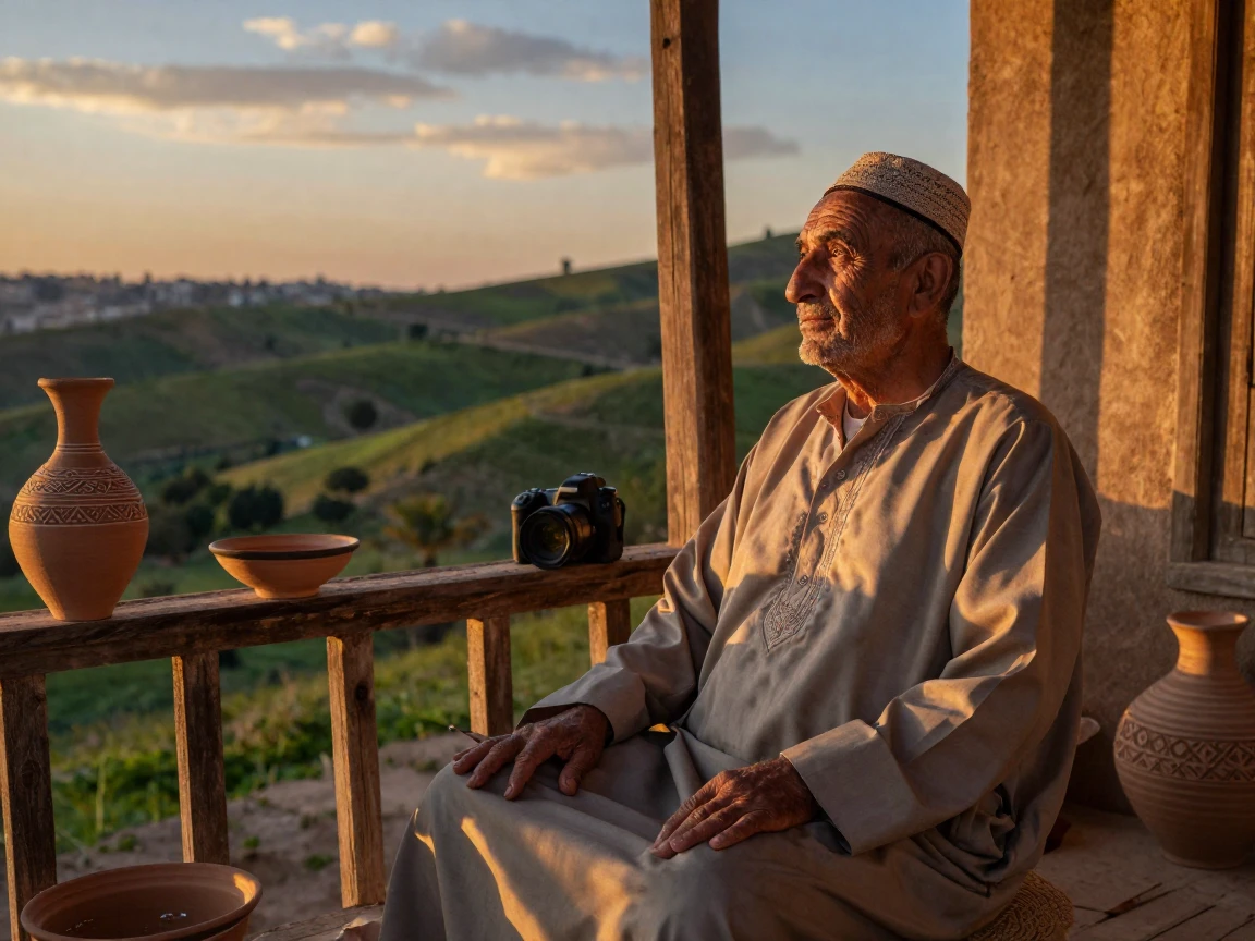 A middle-aged Moroccan potter resting after a long day of work on a wooden porch overlooking rolling hills