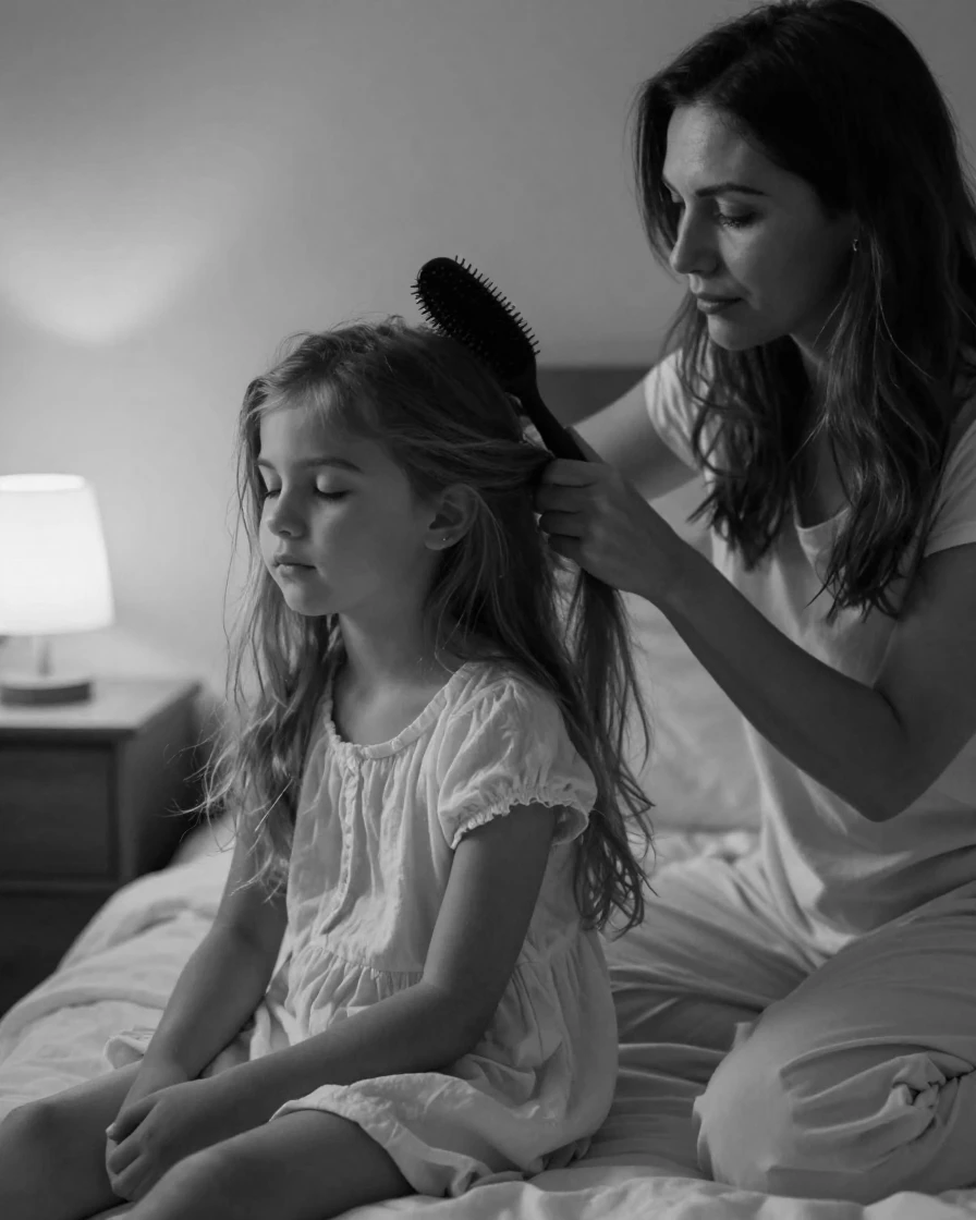 A mother brushes her daughter's hair before bed beside a nightlight glow.