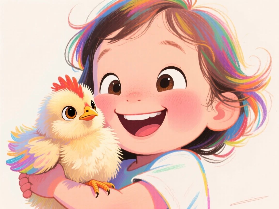 A child cuddling a fluffy baby chick close to her cheek.
