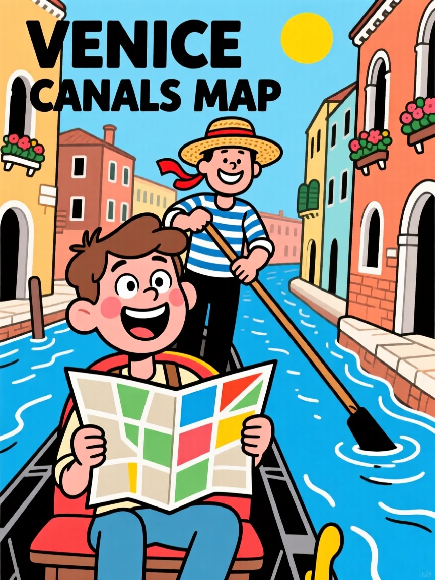 An iconic travel scene featuring a delighted tourist riding a gondola through the canals of Venice, with a map slightly askew in hand.