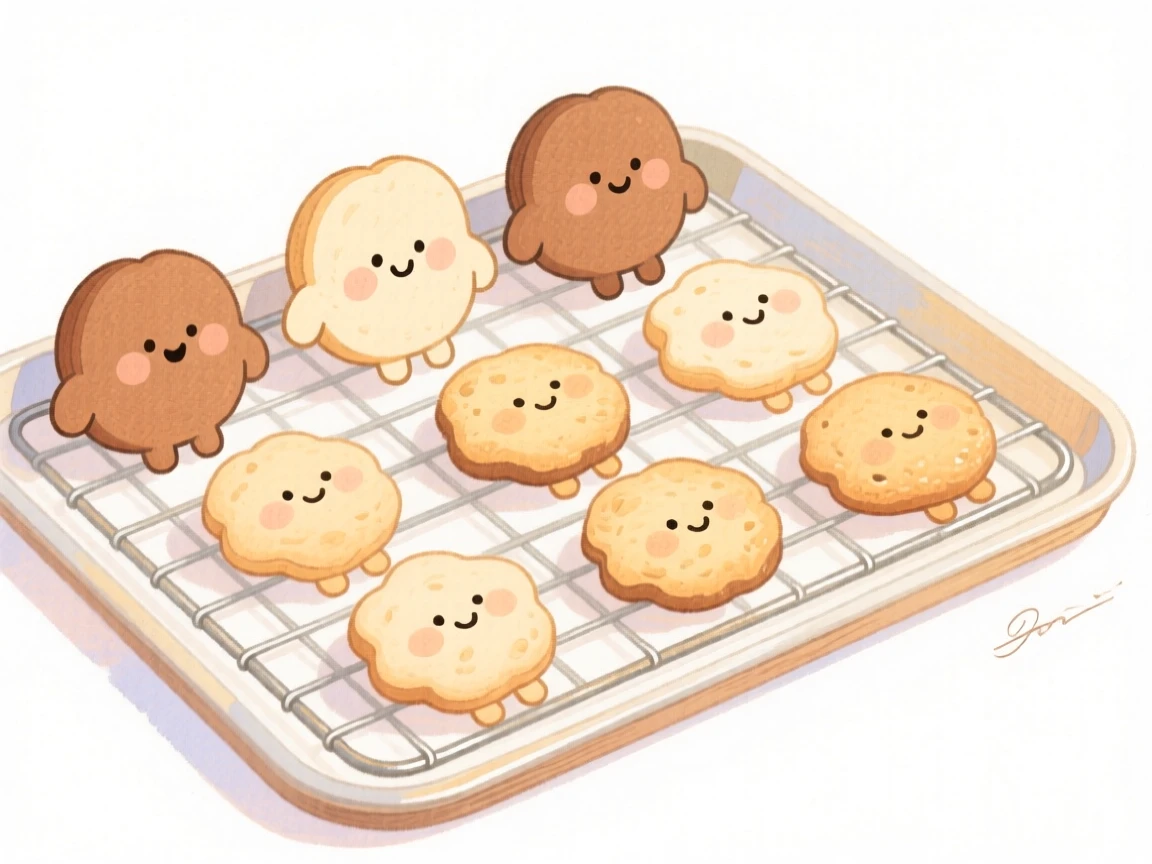 A cozy, appetizing, soft and dreamy scene of a tray of fresh-baked cookies cooling on a wire rack