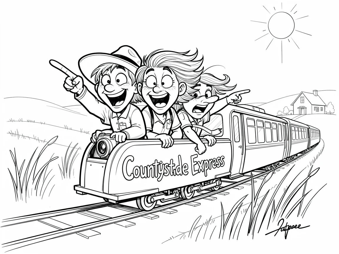 [Travel & Cultural Experiences] Vivid travel scene of an adventurous group of friends riding a local train through the countryside, full of wonder and adventure