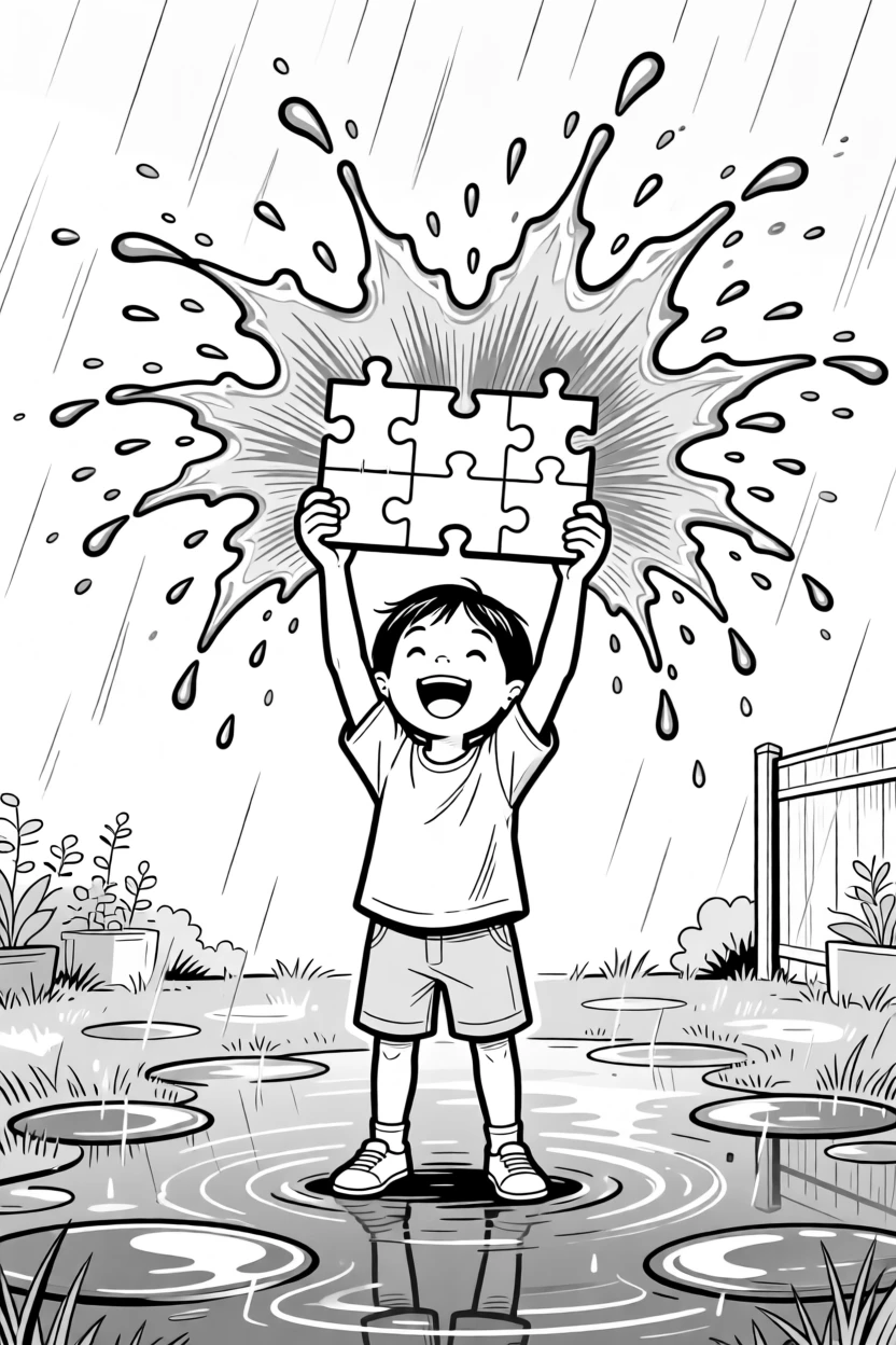 A kid triumphantly holding up a finished puzzle, sending water splashing dramatically in every direction, set in a backyard after a summer rainstorm. Rain puddles reflect a a bright blue sky. It's a burst of pure, unfiltered childhood joy.