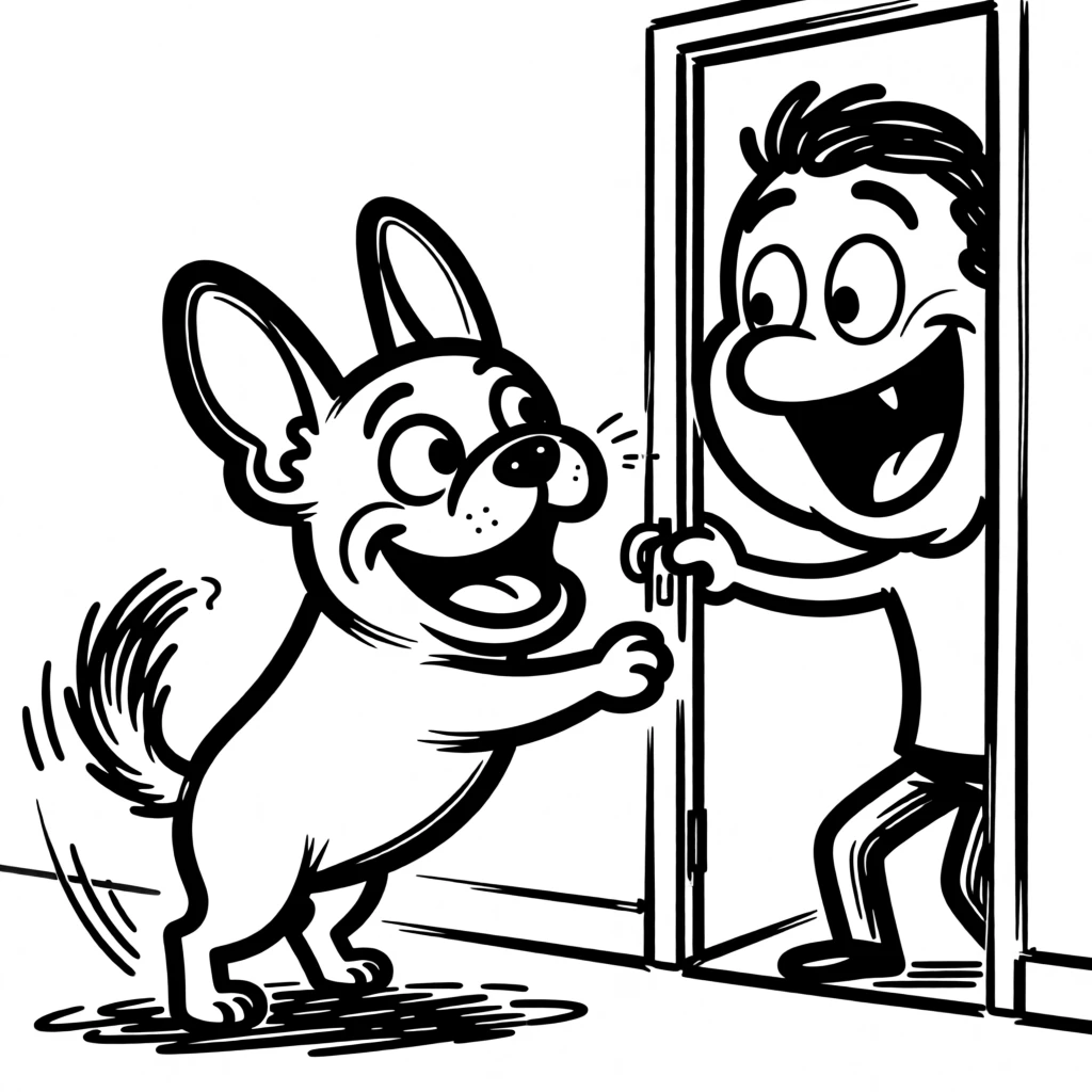 A French bulldog excitedly greeting its owner at the door after a long day, tail a blur.