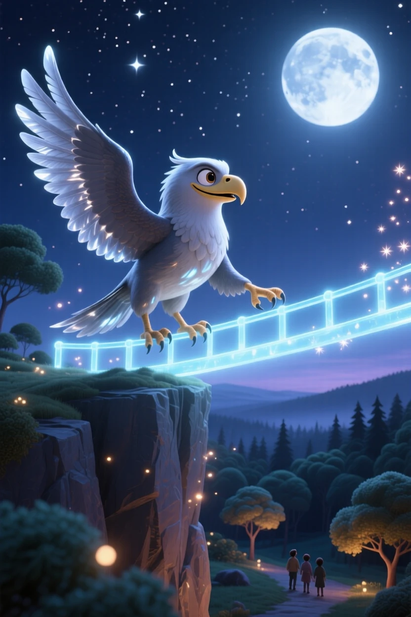 A griffin perched on a cliff stands on a bridge made of glowing moonlight, guiding lost travelers with a soft glow. A quiet magic hums softly throughout the scene, with delicate wings catching the moonlight.