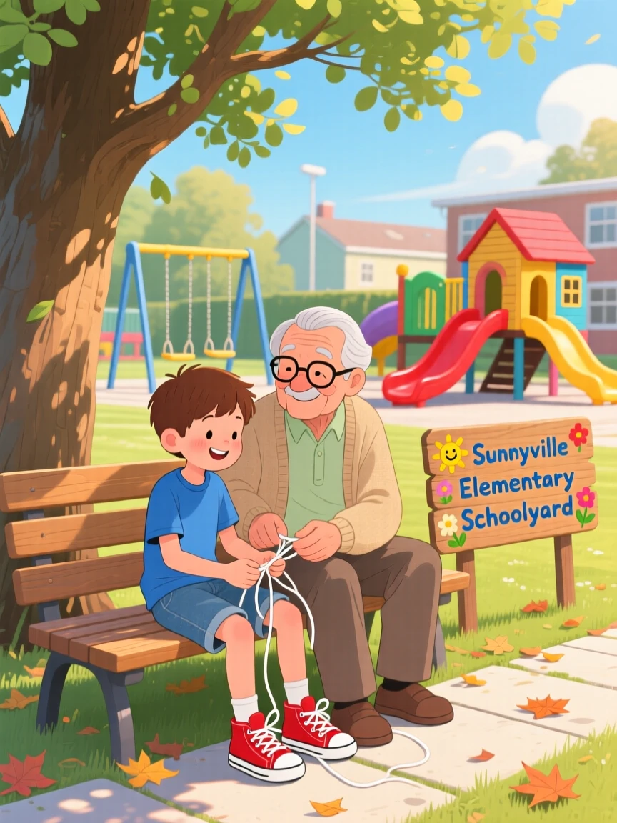 In a sunny schoolyard, a boy and his grandfather bond over teaching each other to tie their shoelaces, as a small act of kindness brings a big smile.
