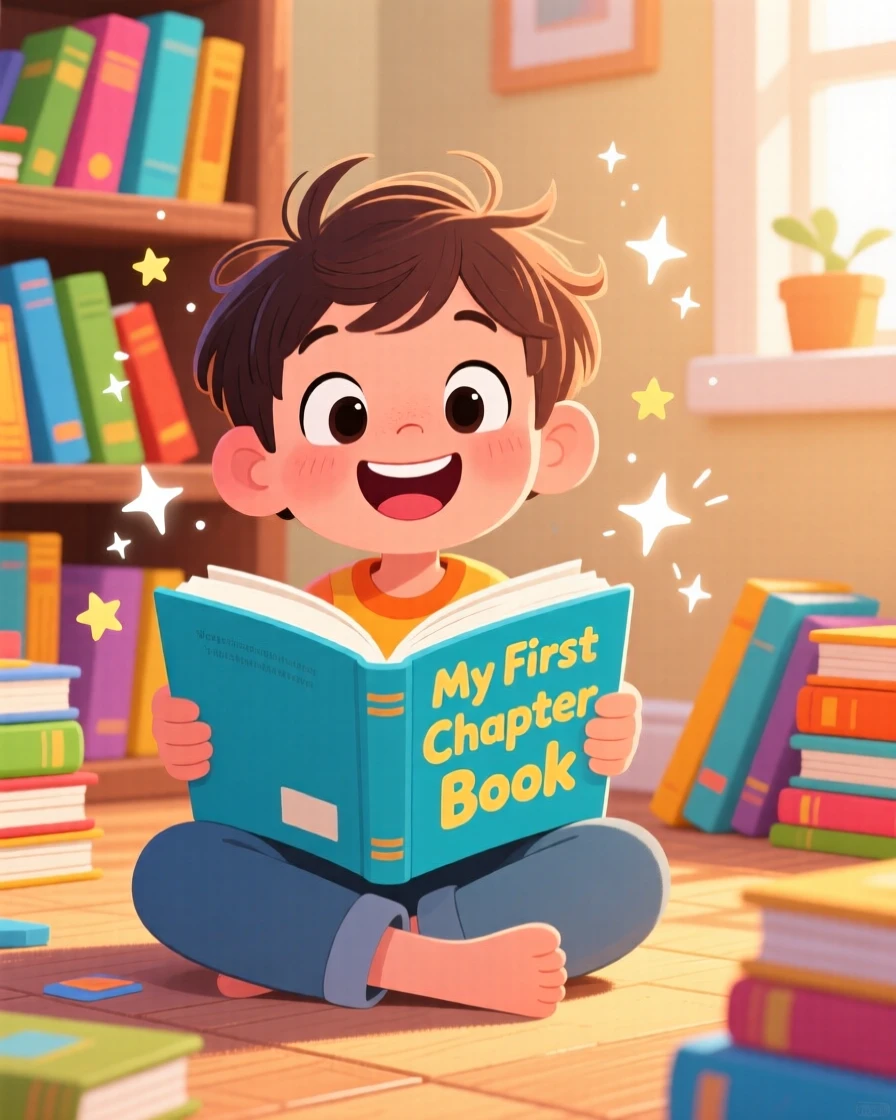 A young reader finishing their very first chapter book.