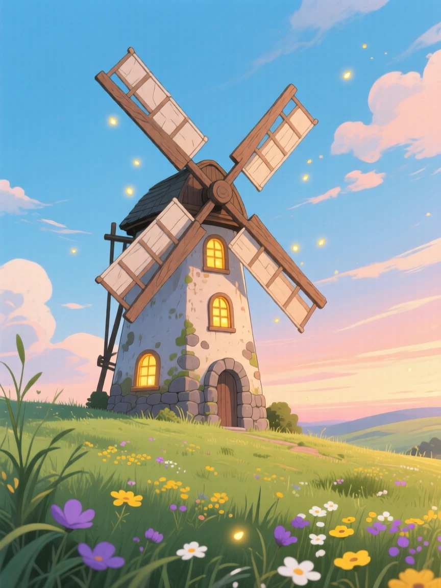 A charming view of a windmill standing alone against a wide open sky, with warm light glowing from every window.