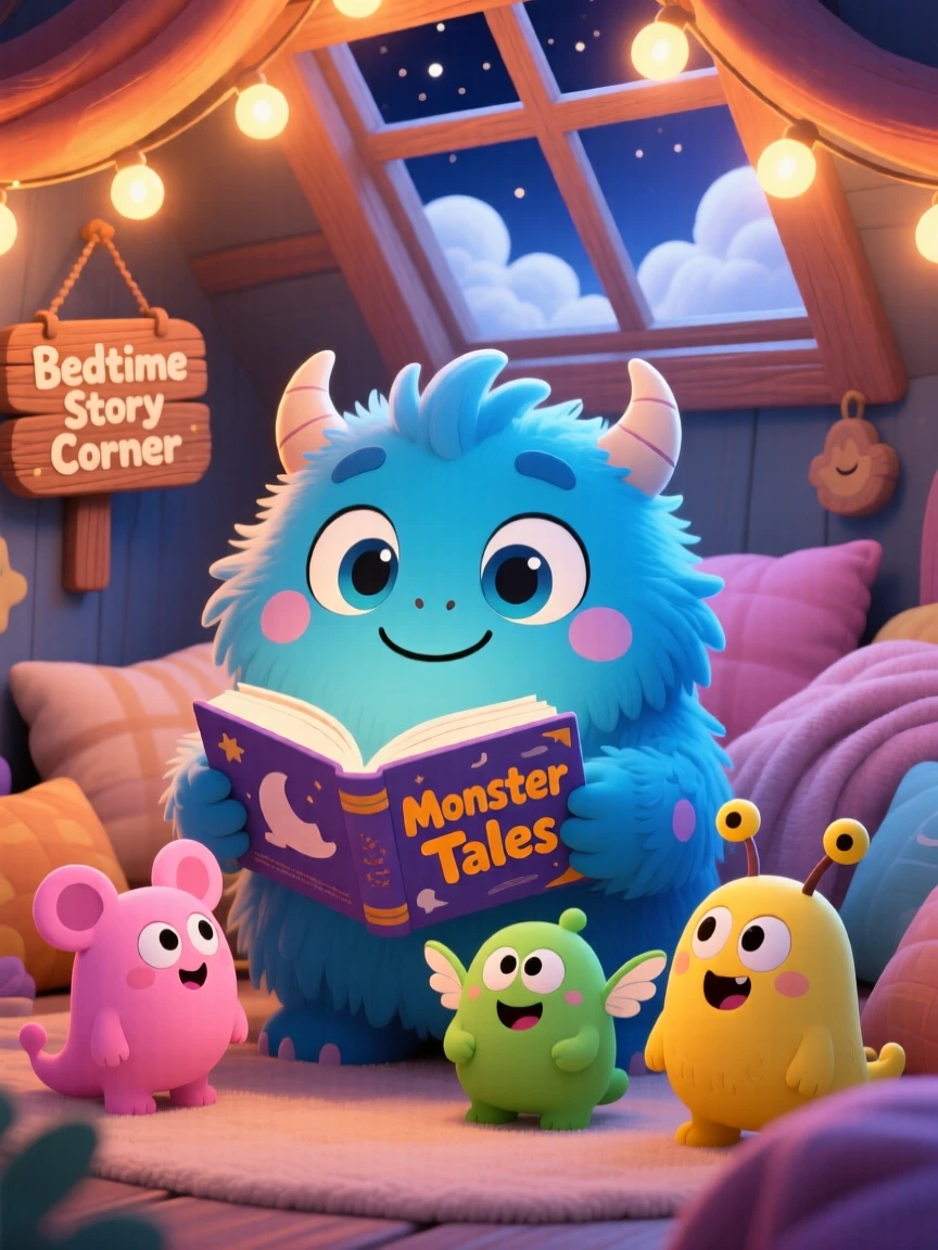 Close-up portrait: a fluffy blue monster, reading a bedtime story to smaller monsters, set against a cozy monster den beneath fluffy drifting clouds, with warm fairy-light glow and a mood of giggling amusement.