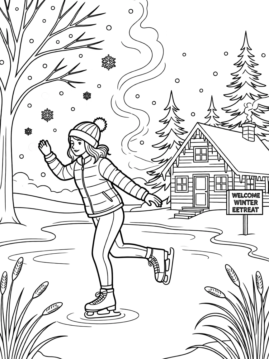 An ice skater gliding across a frozen pond, a snowstorm swirling around a lone cabin in the woods.