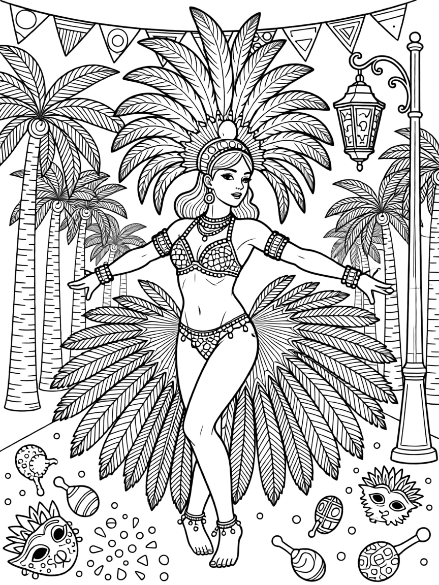 A samba dancer in a feathered carnival costume.