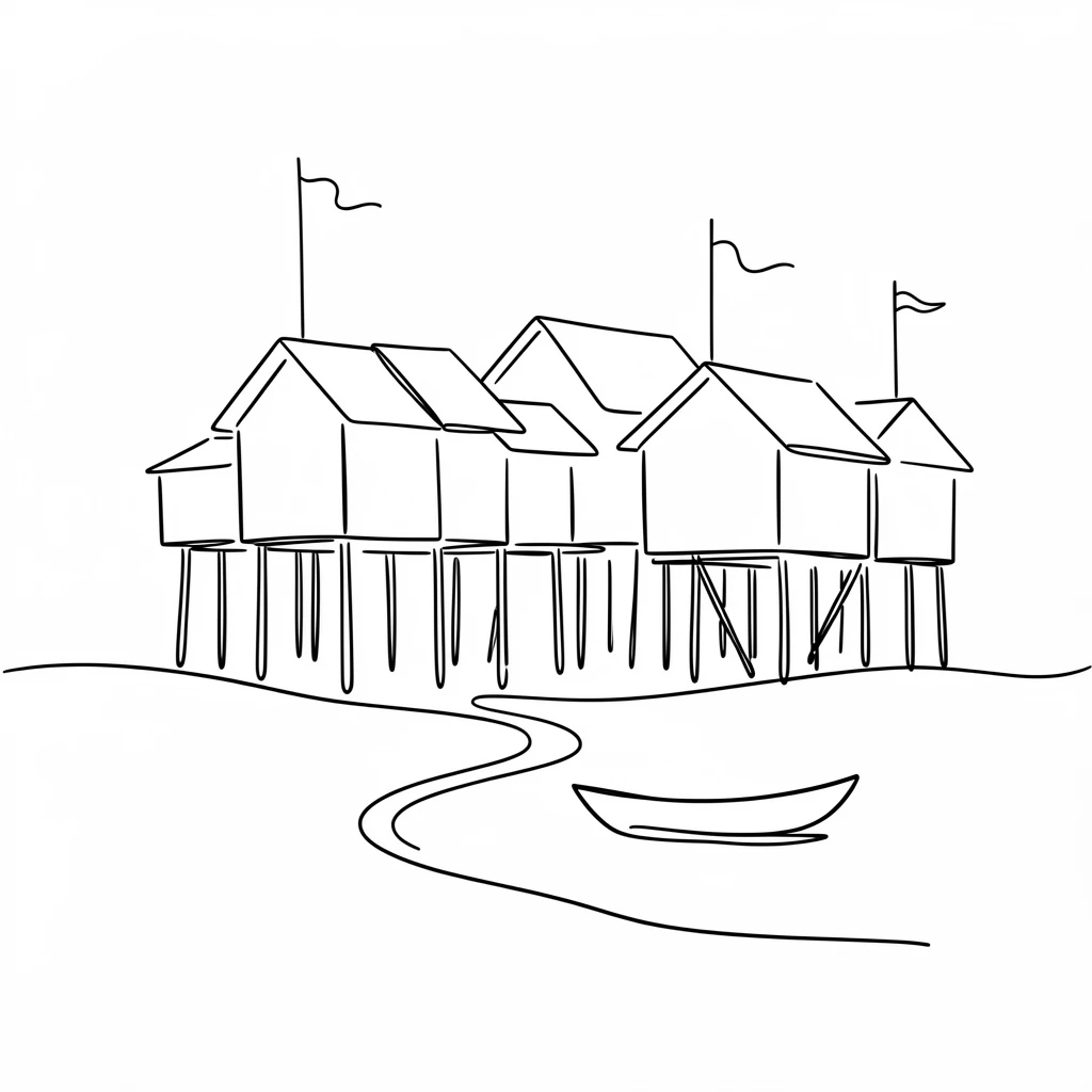 A traditional stilted village built above a calm coastal lagoon